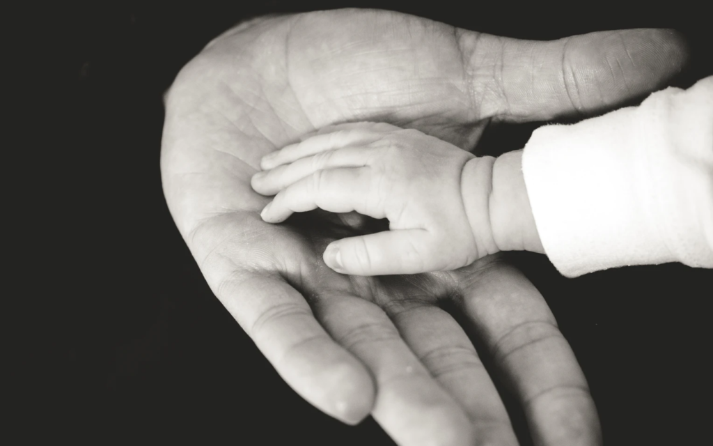 Black and white photo of adult hand with baby hand in it.
