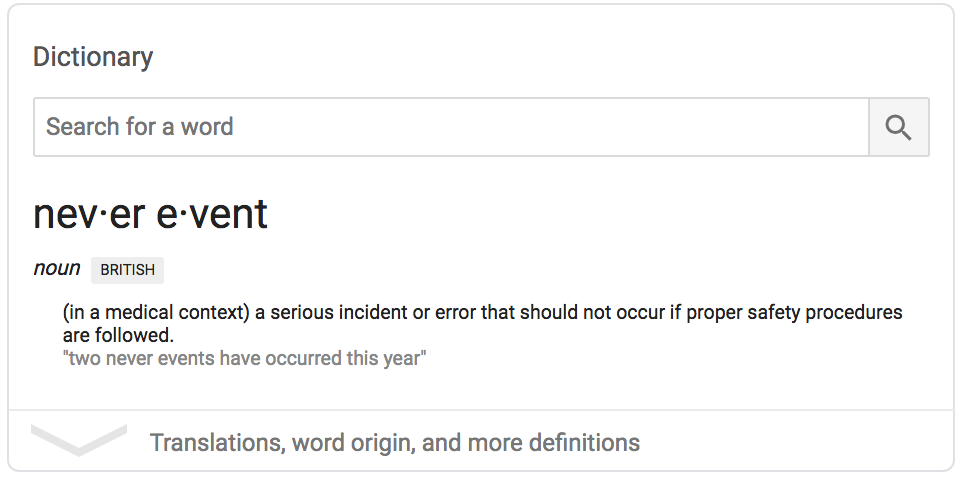 Screenshot of the dictionary definition of a medical malpractice never event.