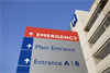 Hospital directory sign depicting directions for Emergency, main entrance and secondary entrances