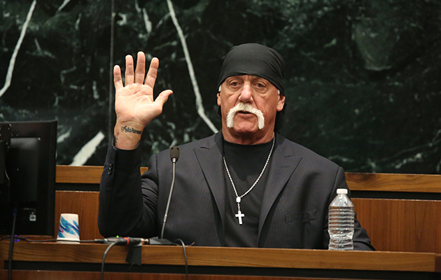 Picture of Hulk Hogan in suit testifying in court.