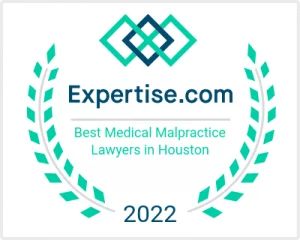 Green and blue Expertise.com badge with text: Best Medical Malpractice Lawyers in Houston 2022
